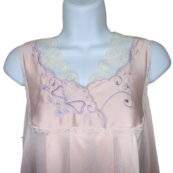 Vintage 60s Vanity Fair Full Length Nylon Nightgown M Pink Embroidery Lace USA - Picture 5 of 14